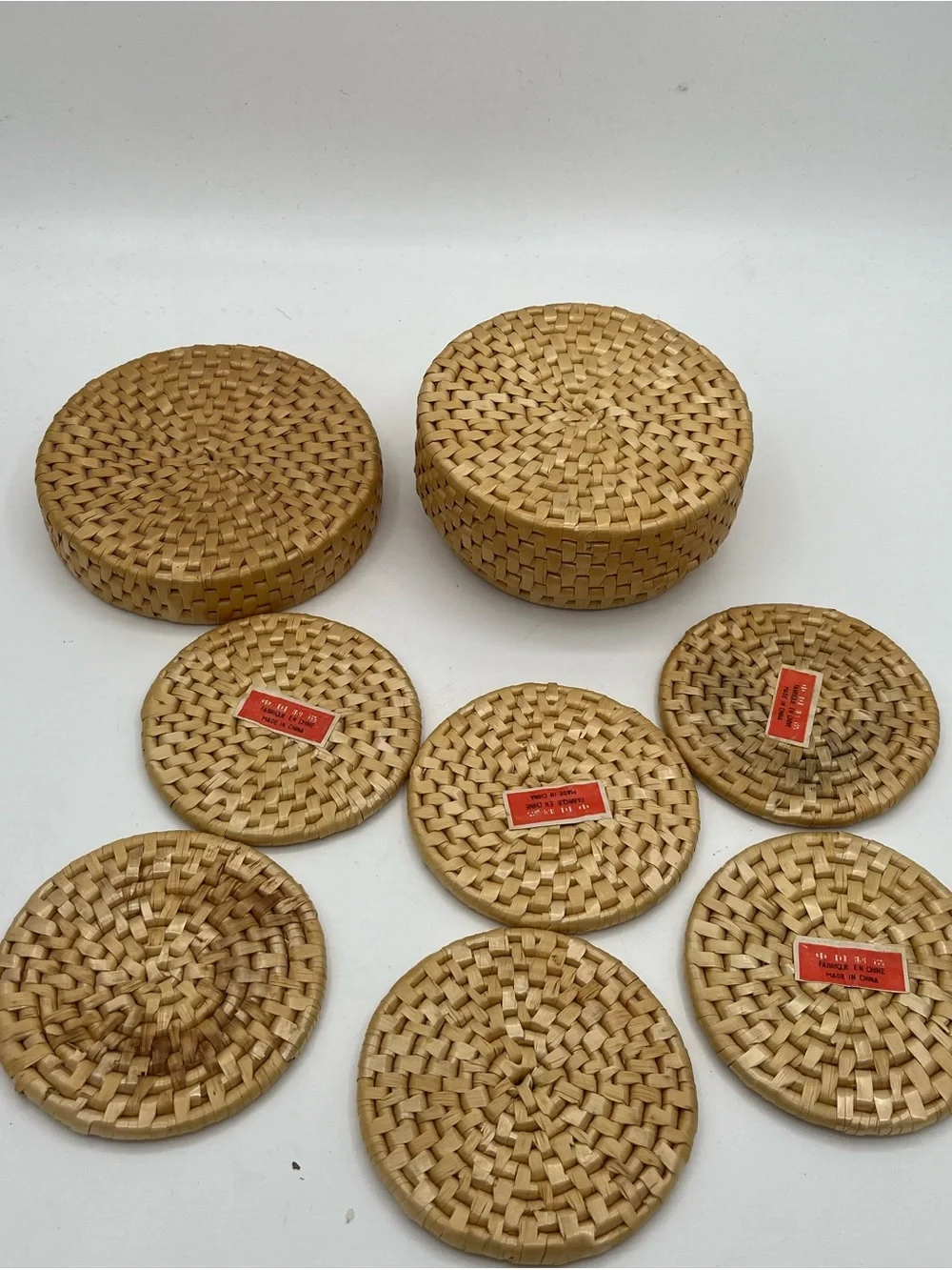 Vintage Natural Rattan Drink Coaster Set with Matching Holder